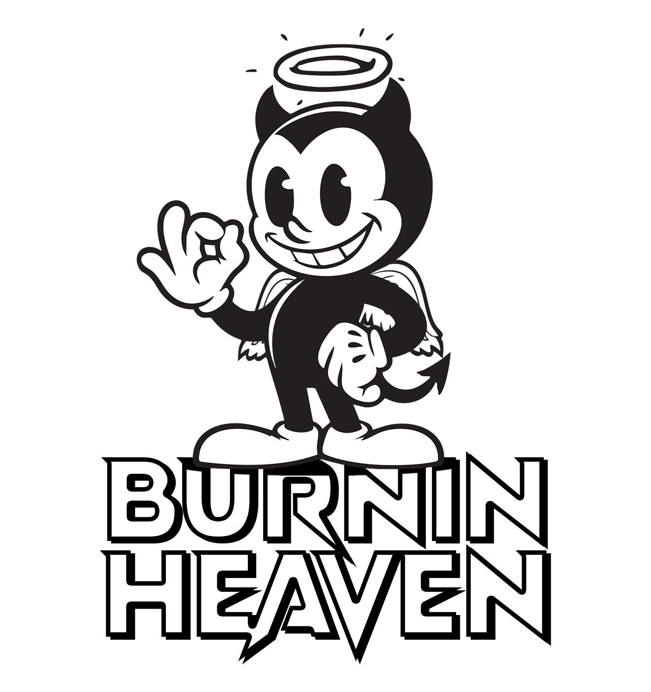 Black and white illustration of a cartoon devil with a halo, wings, a pointed tail, and a mischievous smile, making an OK gesture with one hand and resting the other on its hip, above the bold text 'BURNIN HEAVEN'.