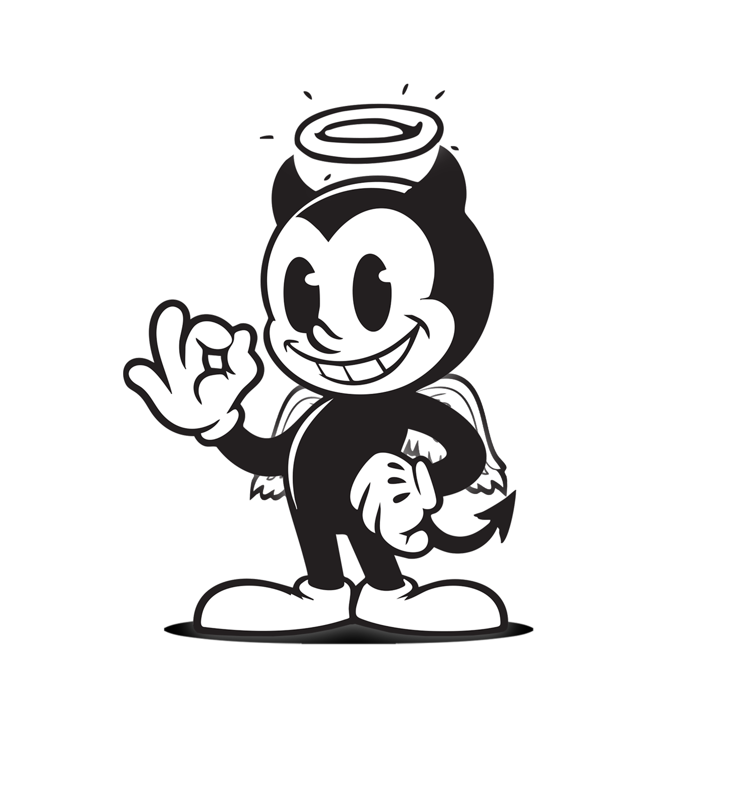 Black and white line drawing of Mickey Mouse smiling, giving a thumbs-up, with a halo above his head and angel wings on his back.