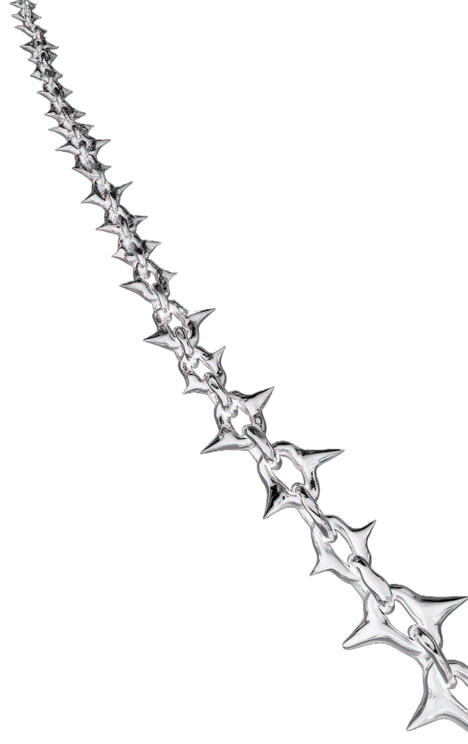 Close-up of a chain with sharp, metallic spikes against a black background.