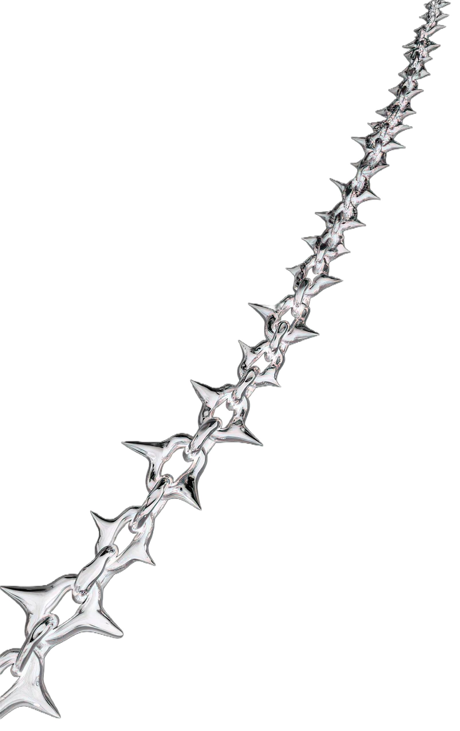 Close-up view of a metallic chain with sharp, pointed links, set against a black background.