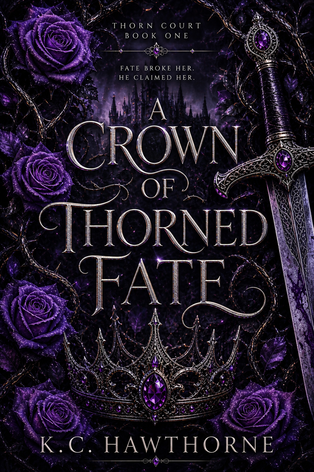 A Crown of Thorned Fate official dark romantasy book cover by K.C. Hawthorne