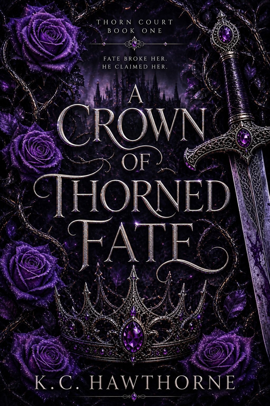The book cover features a dark purple and black color scheme with purple roses, a jeweled crown, and a sword. The title reads 'A Crown of Thorned Fate' by K.C. Hawthorne, with the series title 'Thorn Court Book One' and the tagline 'Fate broke her. He claimed her.'