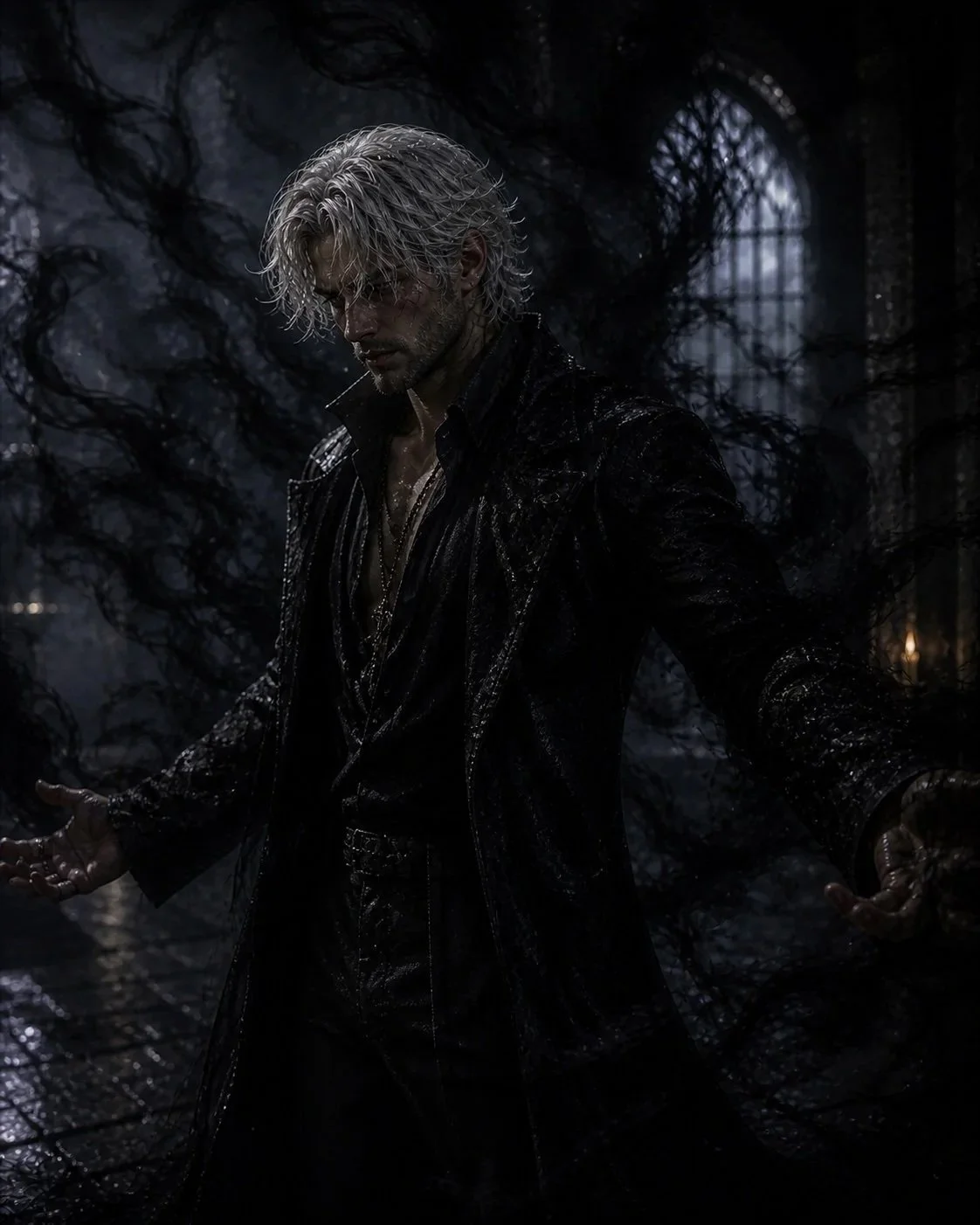 A man with shoulder-length white hair wearing a wet, black leather and fabric outfit, standing in a dark, gothic-styled room with large arched windows and swirling black smoke or shadows around him.