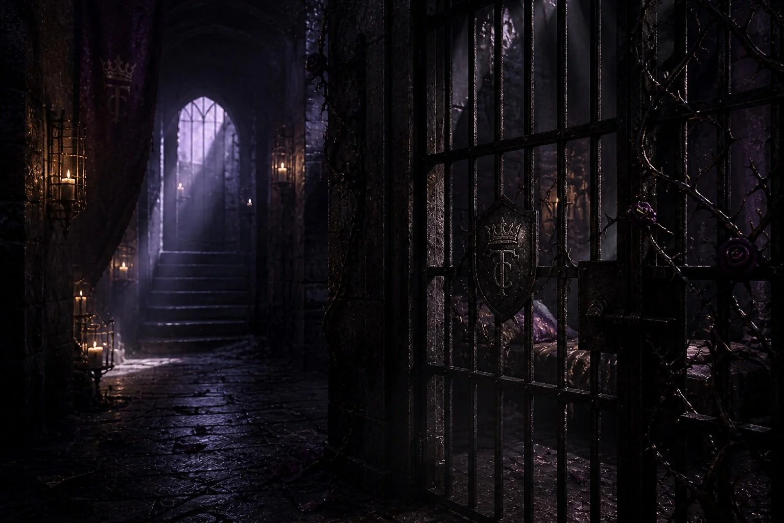 Dark, gothic-style castle corridor with stone walls, lit by candles in wall sconces, featuring a staircase at the end, and a large ornate gate with a crest on the right side.