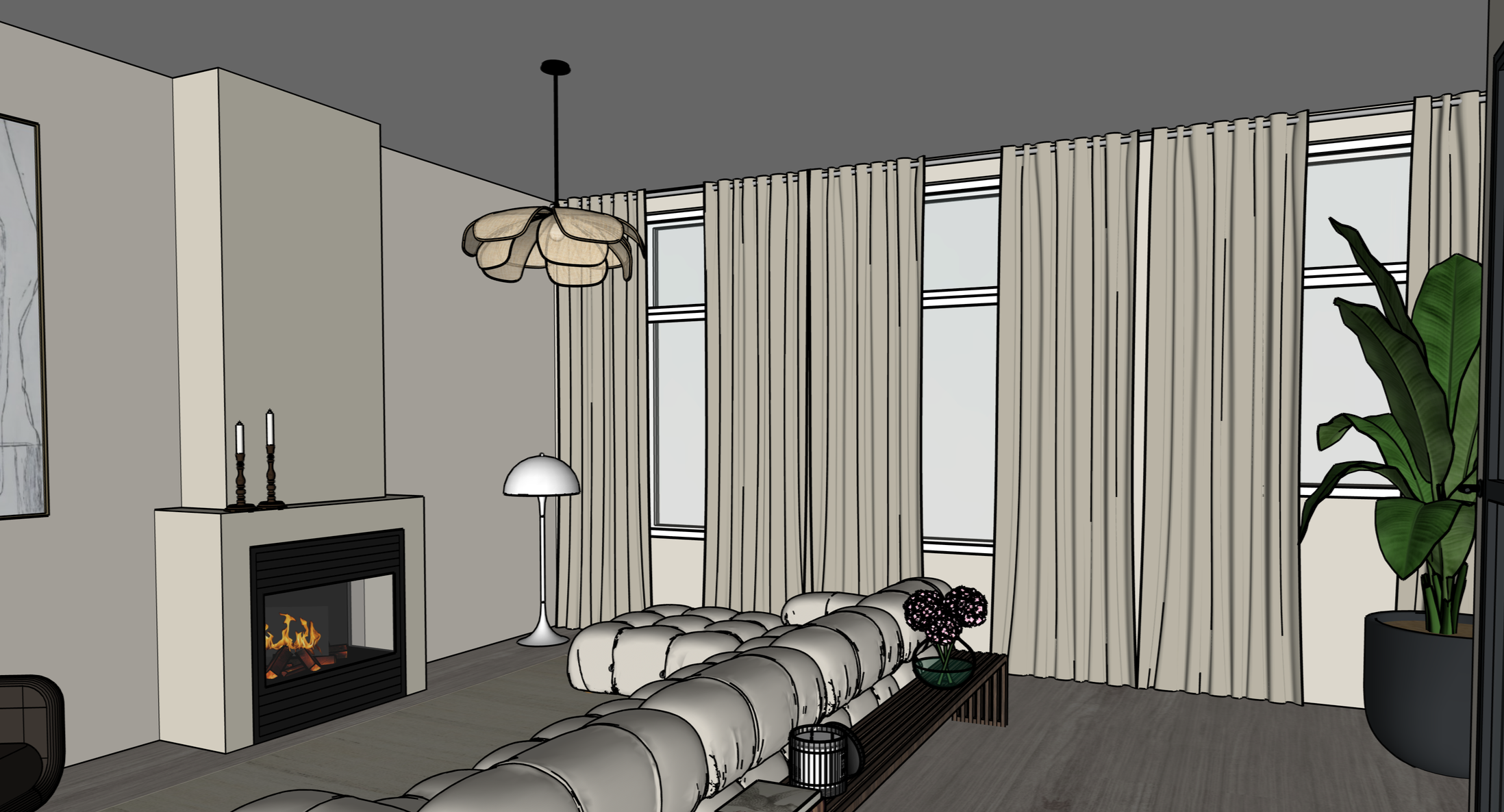 Living room with large windows, beige curtains, a fireplace, a white tufted ottoman, indoor plants, and modern lighting fixtures.