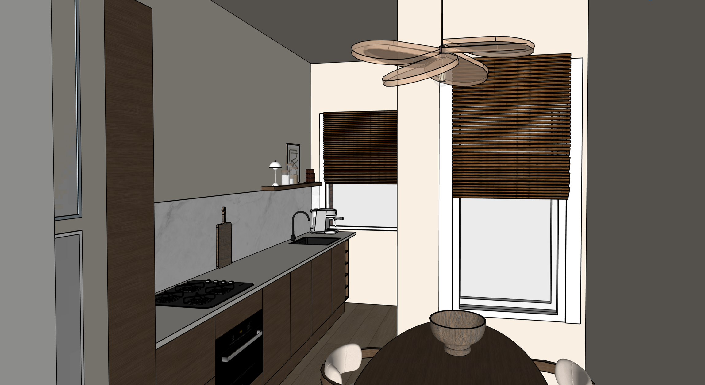 This is a digital illustration of a modern kitchen with a dark wood and light color palette. There are cabinets, a built-in oven, a stovetop, and a small countertop with a coffee machine. A kitchen knife and a cutting board are visible, along with a decorative shelf holding small objects. A large window with wooden blinds and a contemporary ceiling fan are also included in the room.