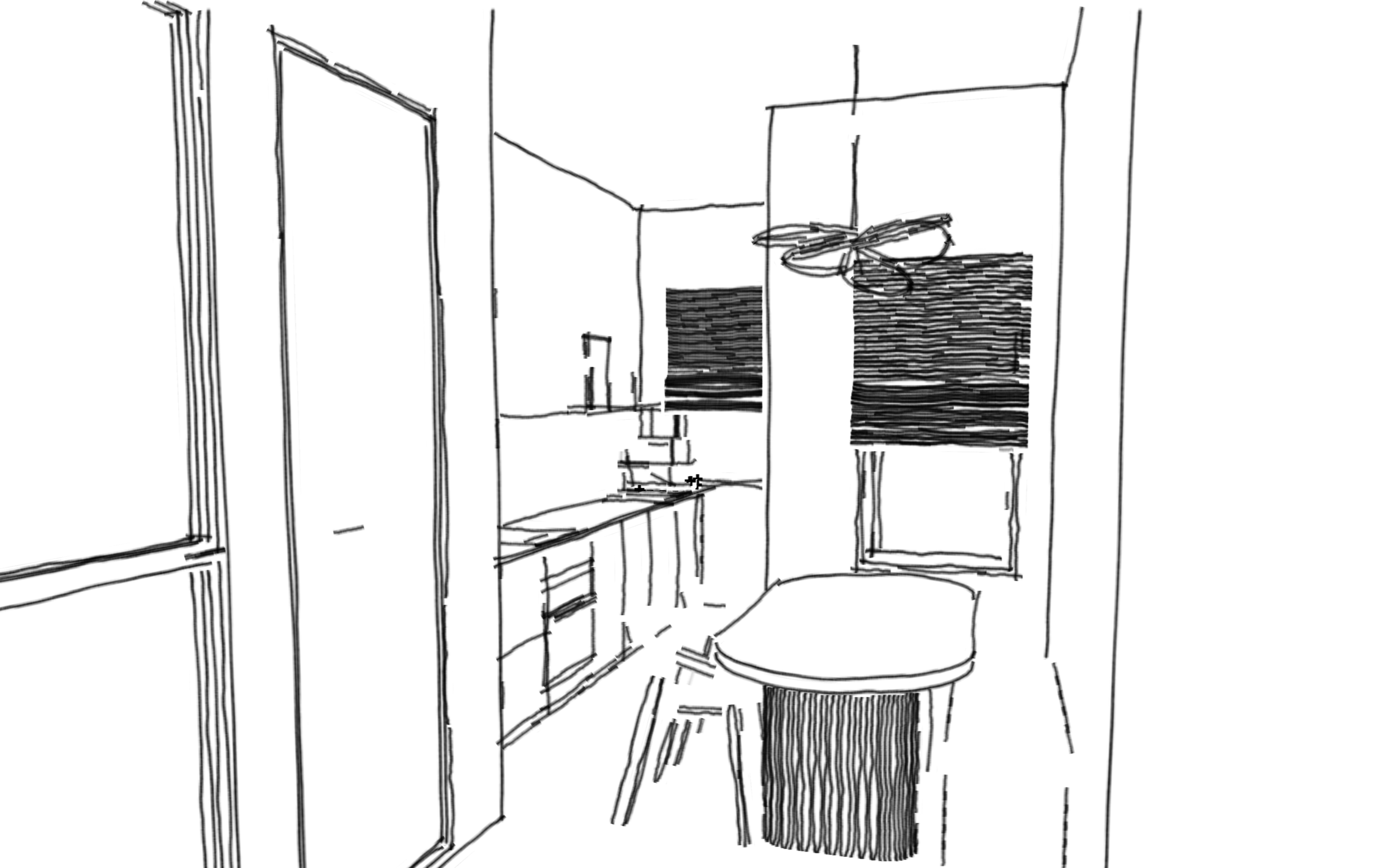 A minimalistic black and white line drawing of an interior space, showing a corner with cabinets, a table with a chair, possibly a kitchen area, and a window with curtain.