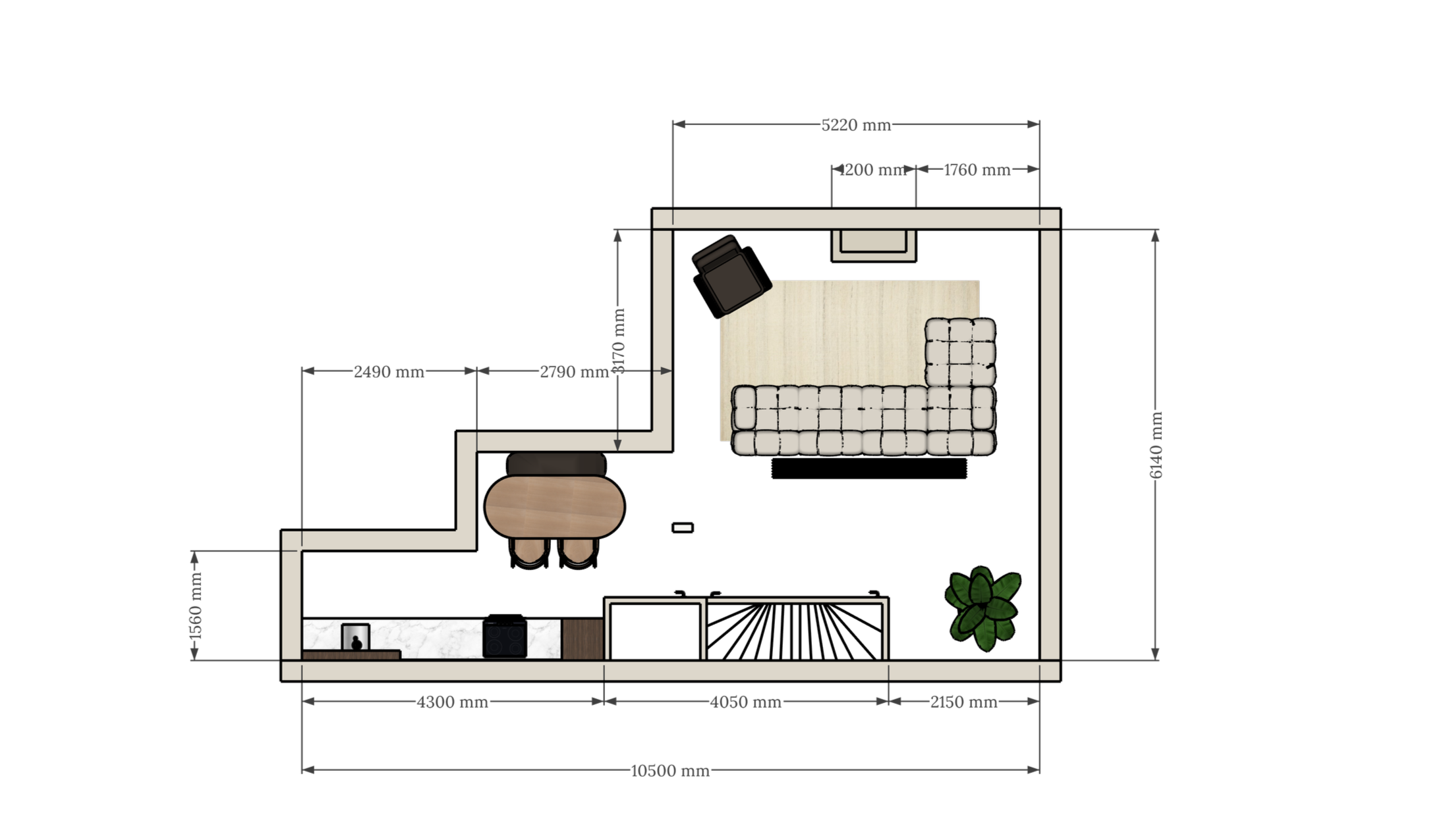Floor plan of a living room with dimensions, showing a sofa, a small table, a piano or desk, a door, and a potted plant.