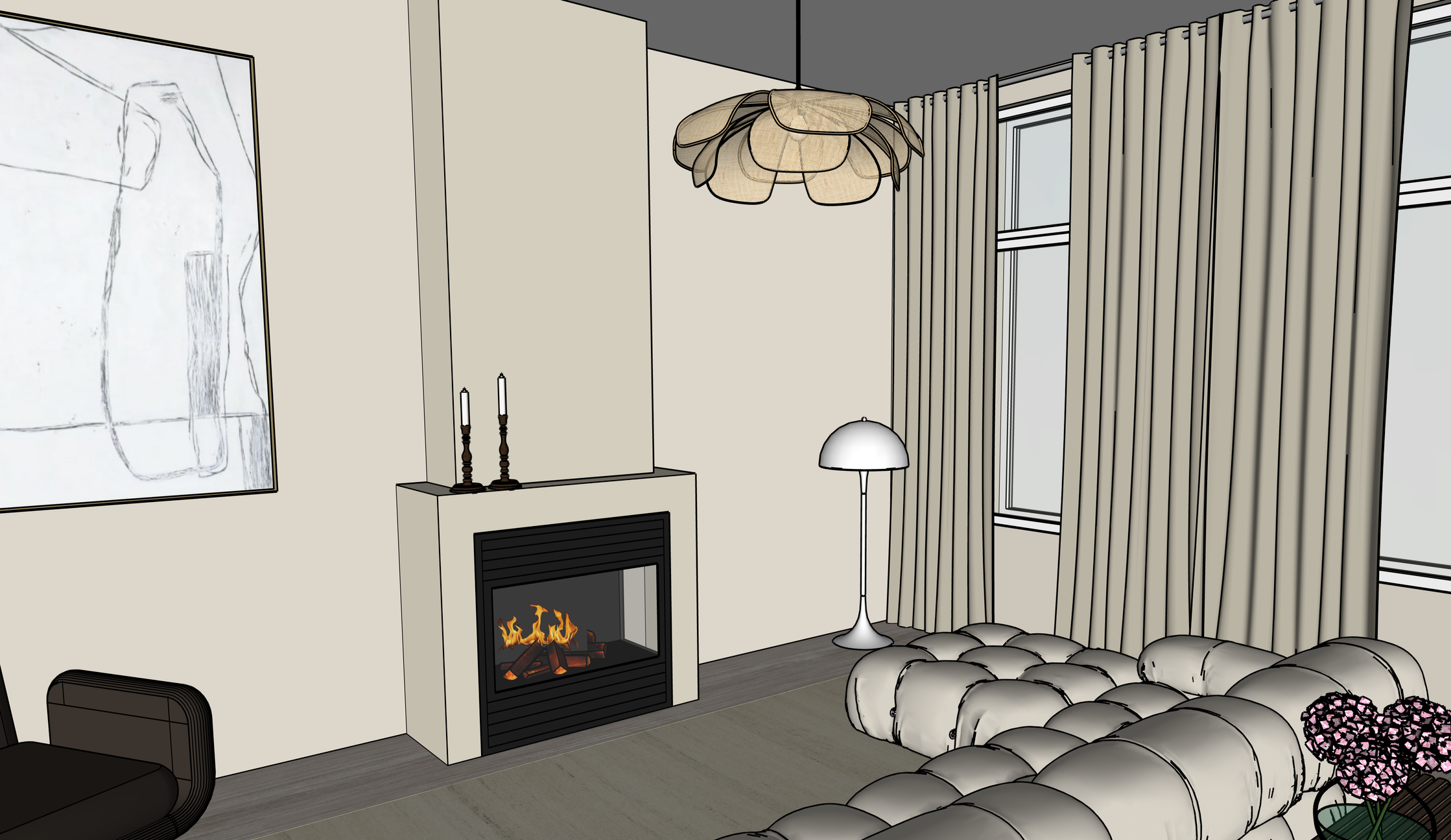 Living room with a fireplace, a floor lamp, and large windows with curtains.