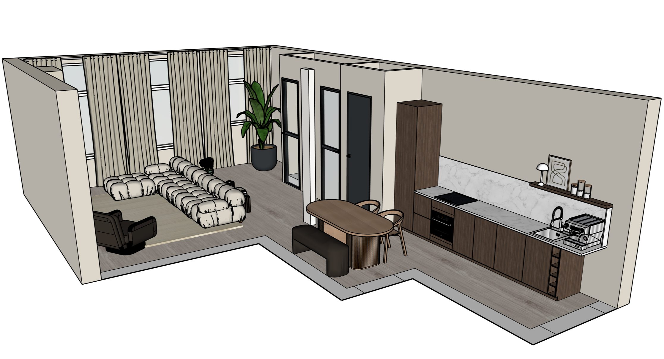 3D rendering of a modern open-plan living room and kitchen with a large window, beige curtains, a potted plant, a couch, a recliner, a dining table with chairs, wooden cabinets, a marble backsplash, and kitchen appliances.