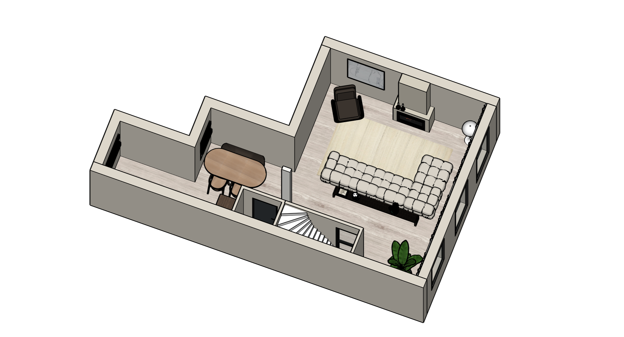 An isometric view of a living room and dining area showing a beige sectional sofa, wall-mounted TV, fireplace, and a small dining table with two chairs.