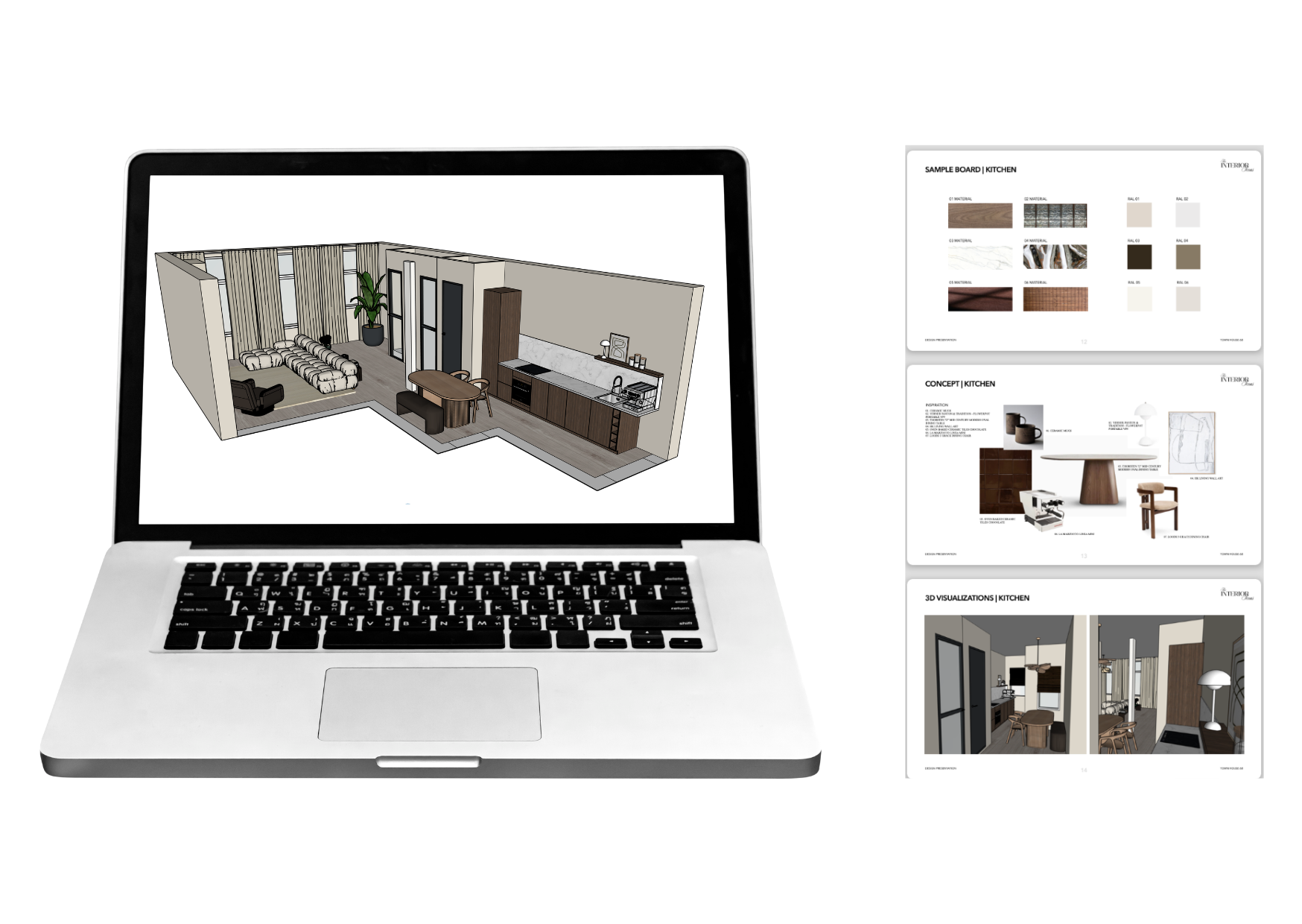 Open laptop displaying a 3D interior kitchen design with modern furniture and decor.