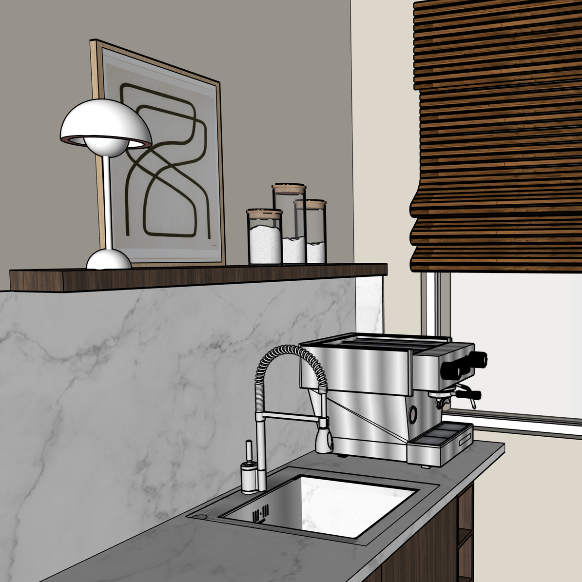 A modern kitchen corner with a marble countertop, a sink, a coffee machine, a wooden window blind, a lamp, and decorative jars on the counter.