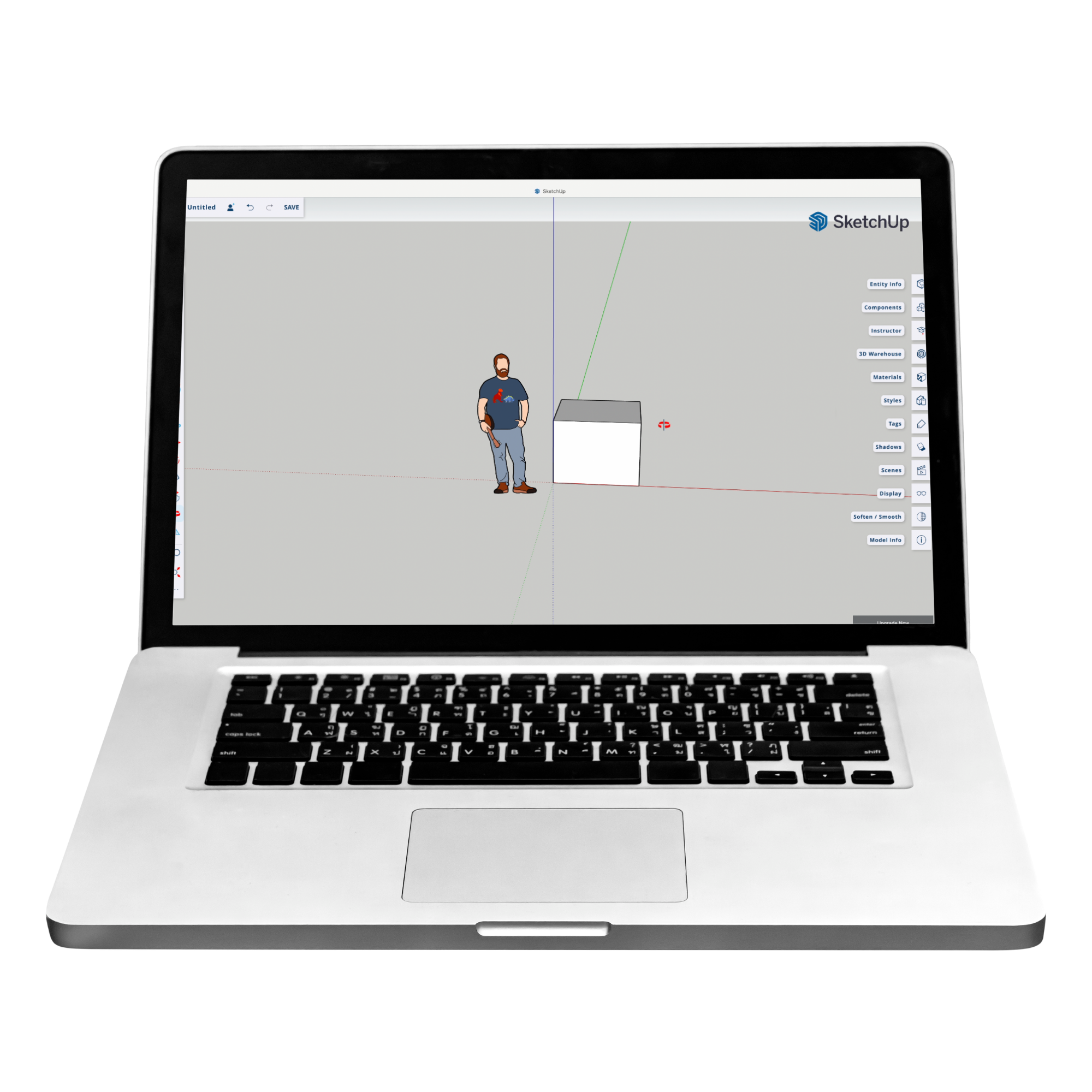 Close-up of a silver Apple MacBook laptop displaying a 3D modeling software interface with a human figure model and a white cube, on a black background.