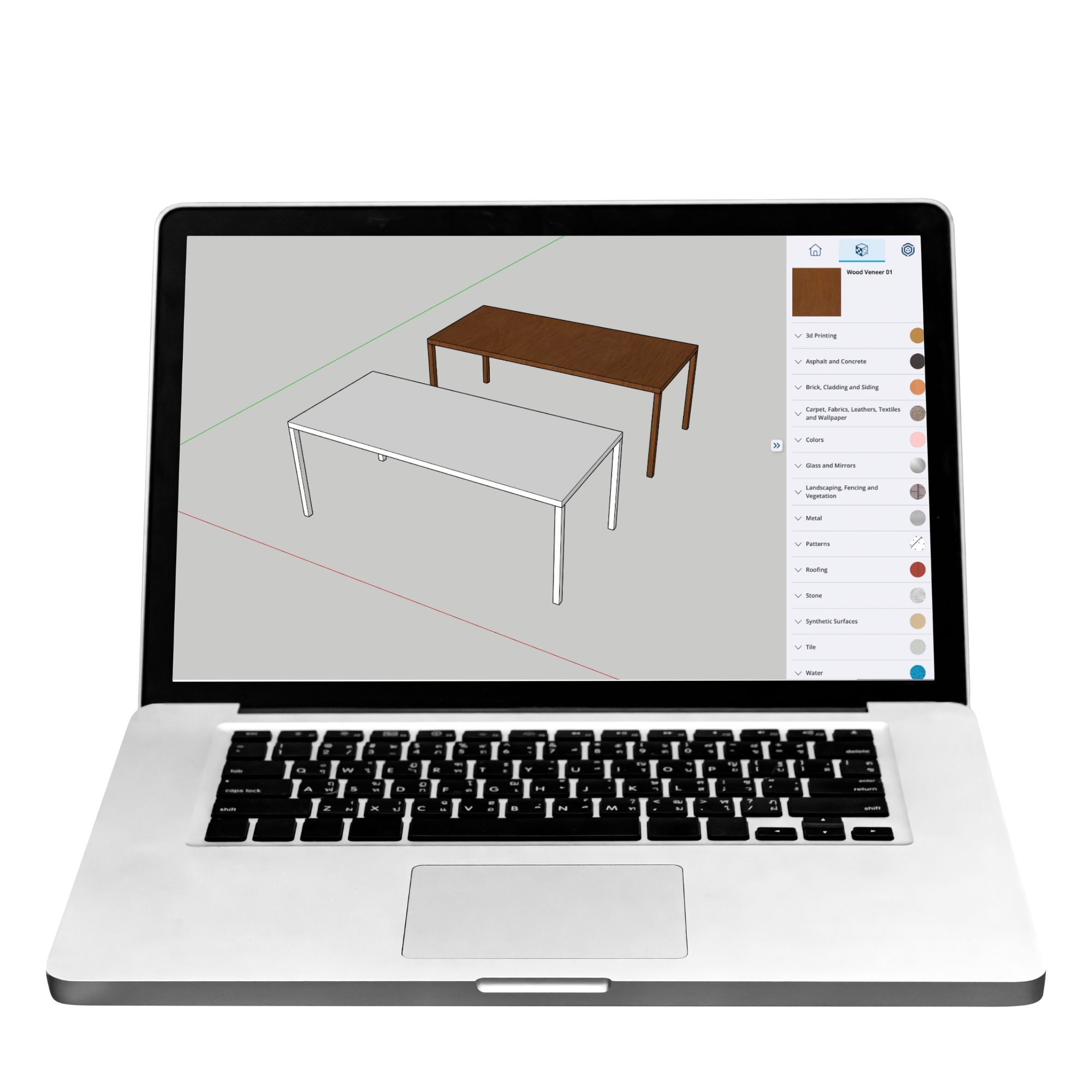 Silver laptop with a 3D design program open on the screen, showing a wooden table, with the laptop set against a black background.