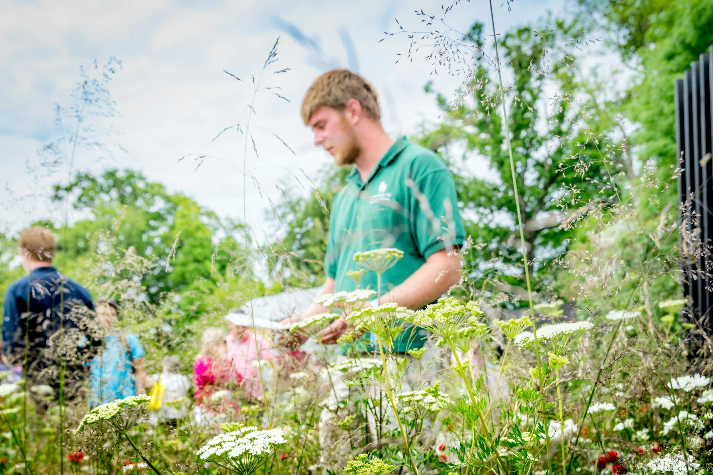 Professional landscaper consulting with a homeowner beside a beautifully maintained property featuring native flowers, detailed garden planning, and expert landscape care.
