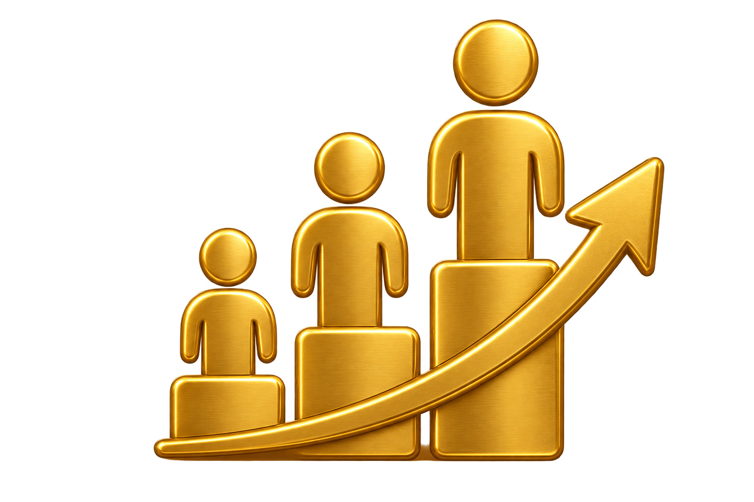 Gold icons of people on ascending bars with an upward arrow, representing growth or progress.