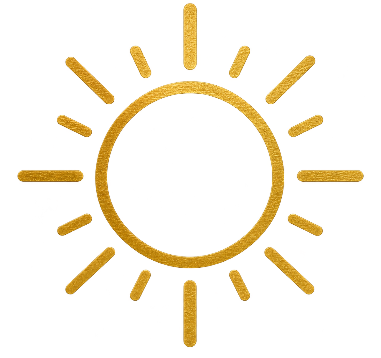 Golden sun design with a circular center and rays radiating outward, textured to resemble a metallic or wooden surface.
