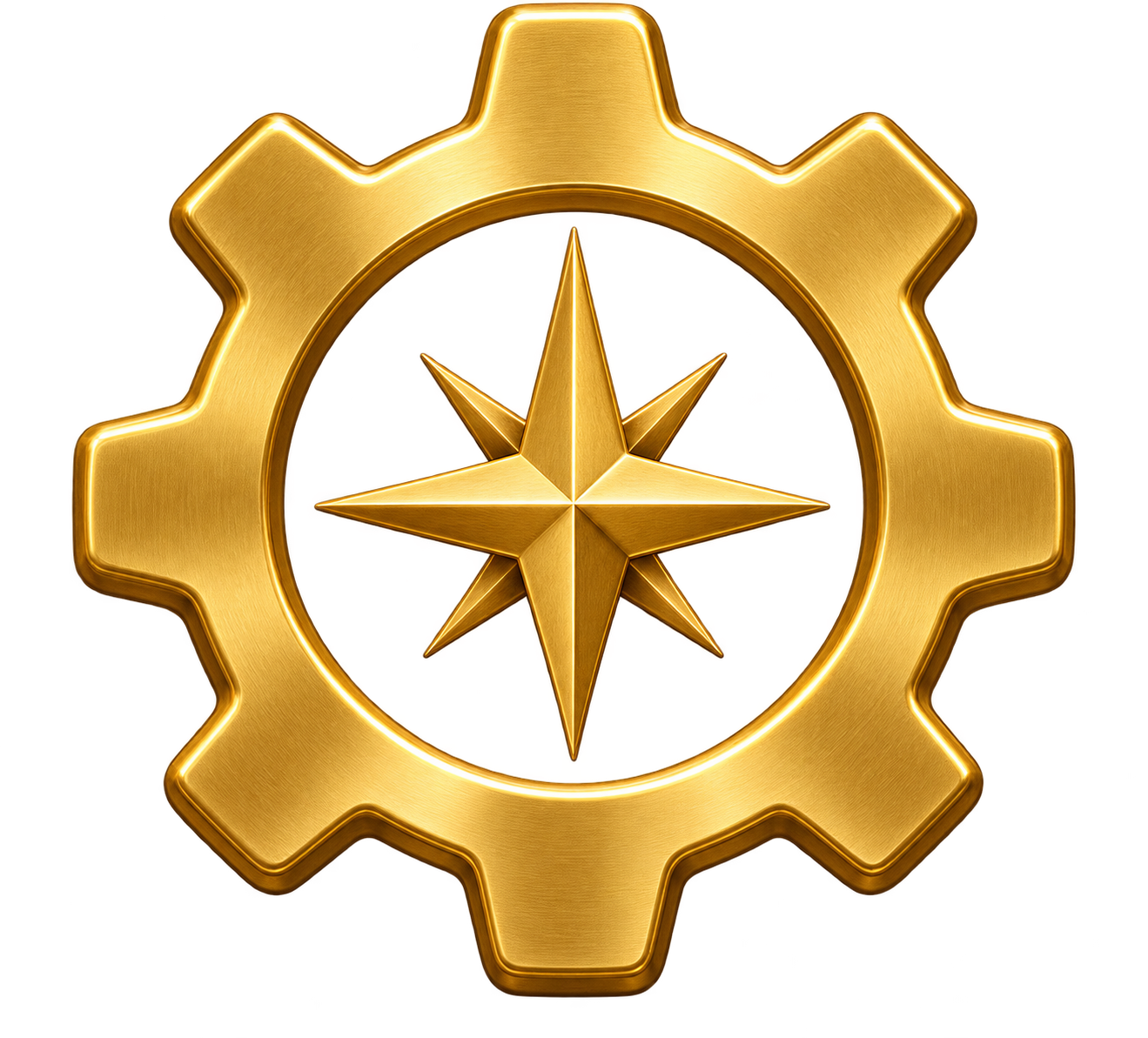 A gold-colored gear with a star and compass design in the center on a black background.
