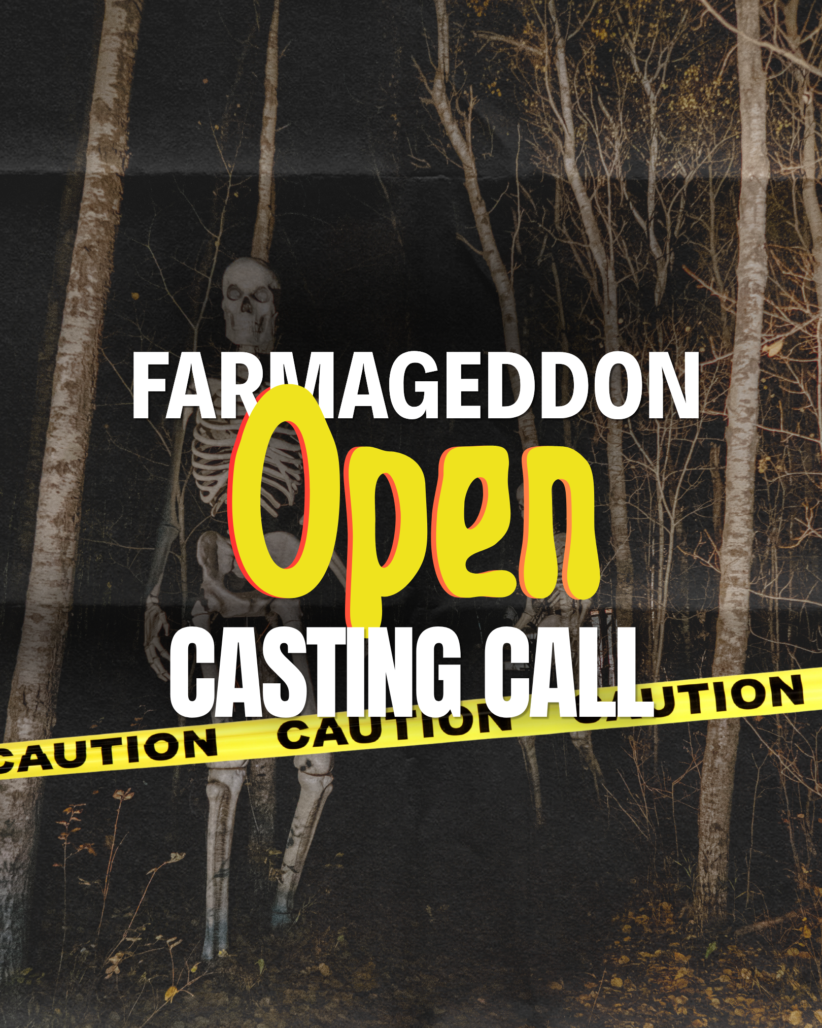 A Halloween-themed image with a forest background and a skeleton figure partially hidden among the trees. The image has overlaid text announcing a casting call with caution tape at the bottom.