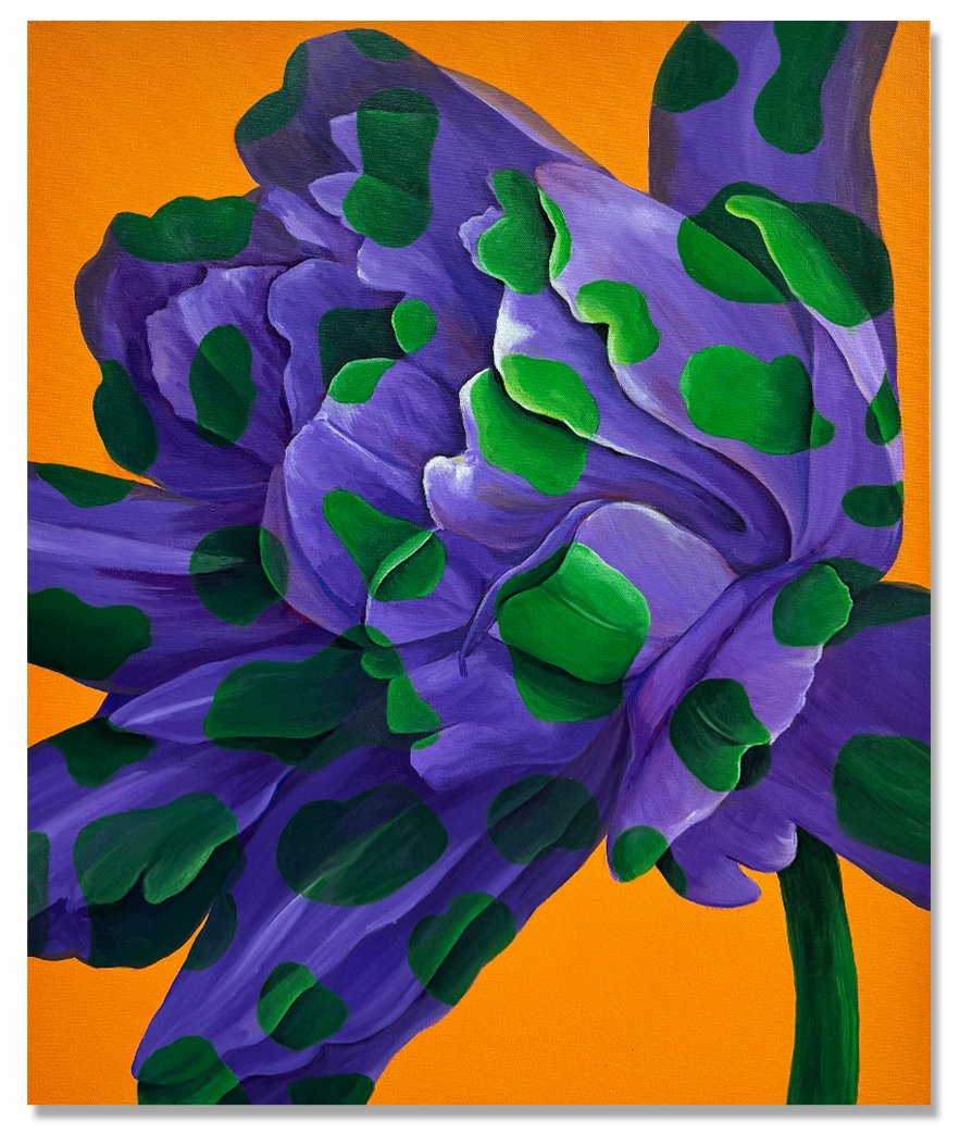 Wild Blooms — oversized purple peony bloom dotted with bright green spots, set against a vivid orange background
