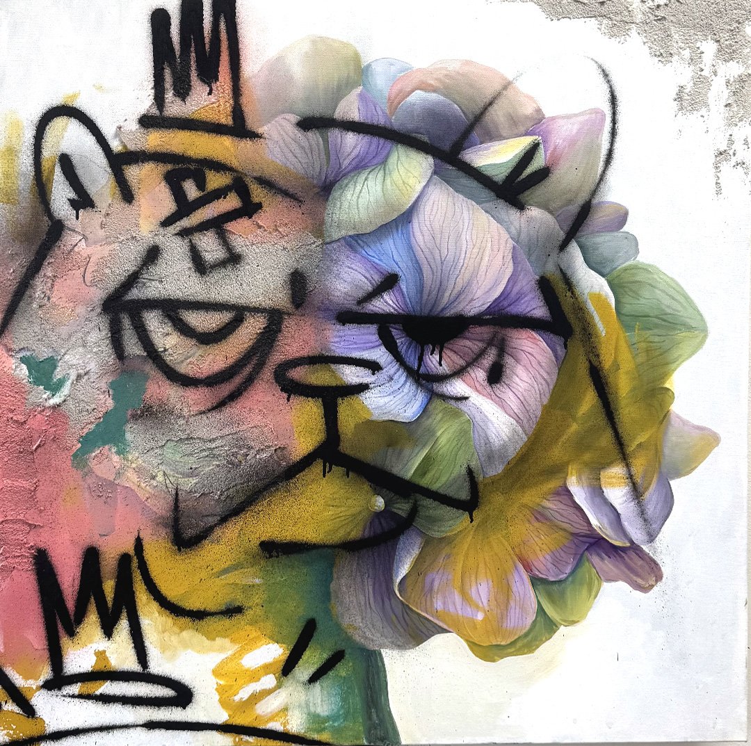 Collaboration between AnnaV and JC Rivera — a colorful flower painted with bear graffiti across its petals