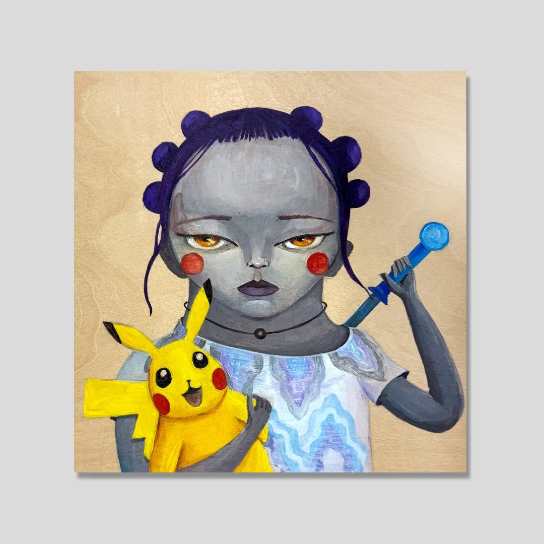 Violet — gray-skinned figure with purple hair buns and yellow eyes, holding Pikachu in one arm and a blue lightsaber in the other, wood-grain background, acrylic on canvas