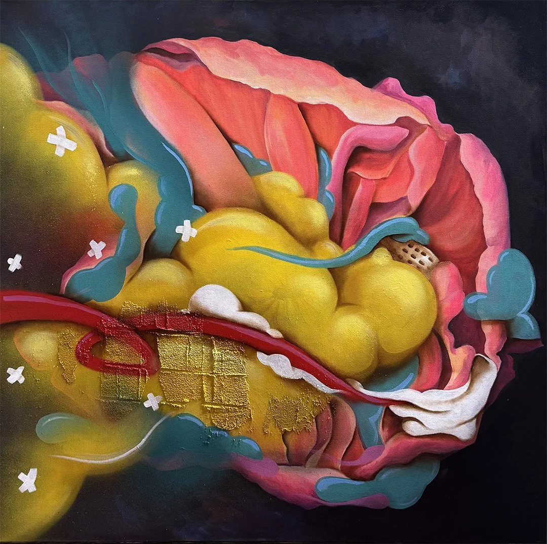 Collaboration between AnnaV and JC Rivera — a bright pink flower surrounded by yellow clouds and abstract forms on a black background
