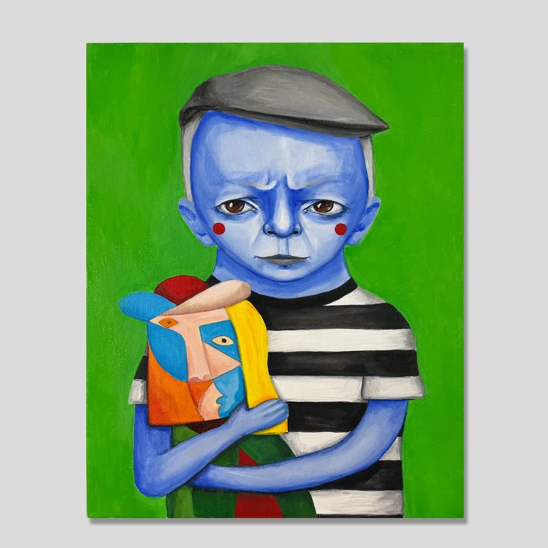 Legends: Picasso — Pablo Picasso portrait in AnnaV's signature blue-skinned style, gray beret, black-and-white striped shirt, holding a small cubist painting, acrylic on canvas