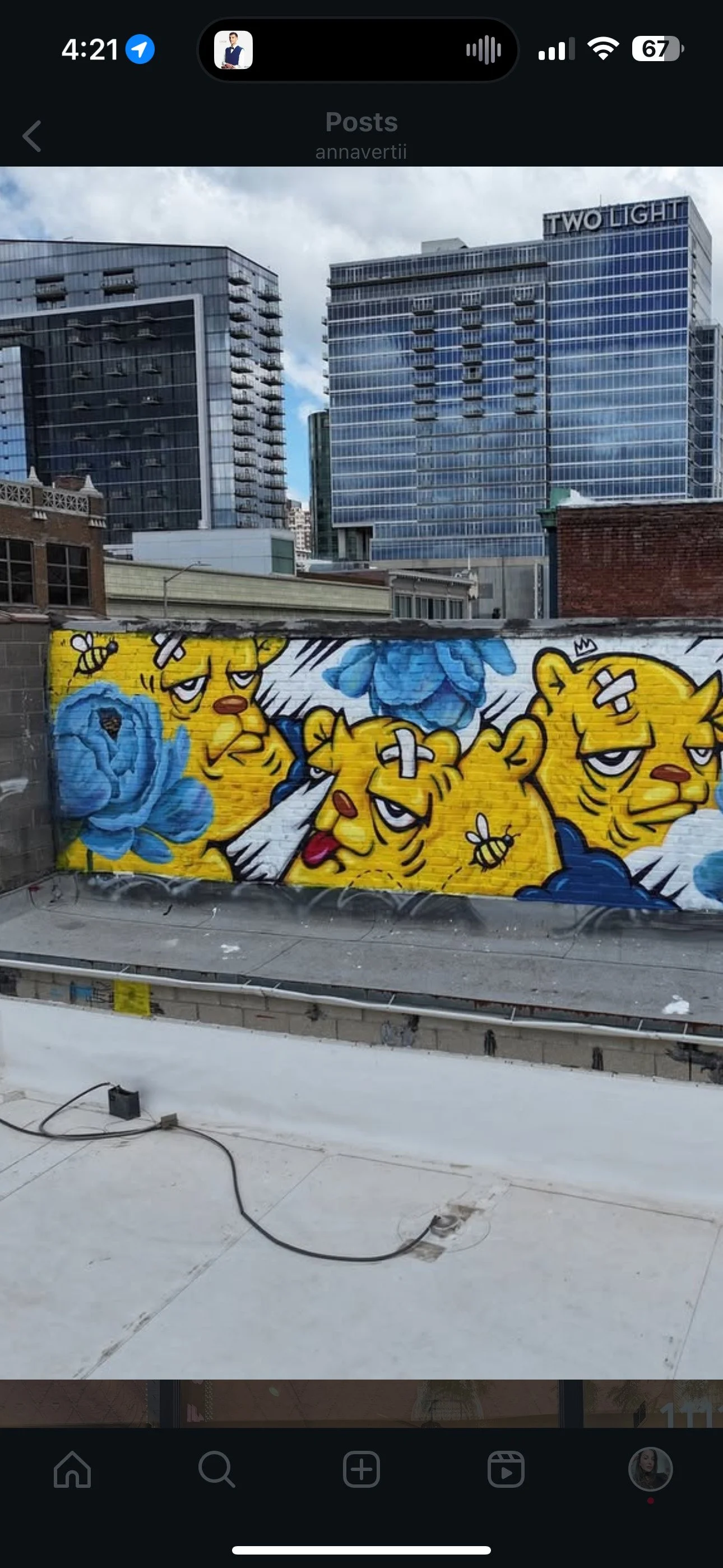 Large-scale collaboration mural in Kansas City — AnnaV's blue peonies woven through JC Rivera's yellow bear characters, on a brick wall with the city skyline behind
