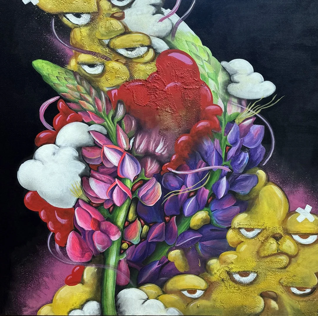 Collaboration between AnnaV and JC Rivera — bright flowers climbing skyward through yellow bear clouds and abstract forms on a black background