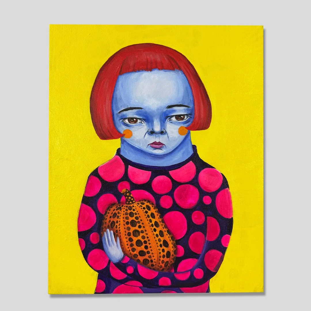Legends: Kusama — blue-skinned portrait of Yayoi Kusama in a polka-dot sweater, cradling her famous yellow pumpkin against a yellow background