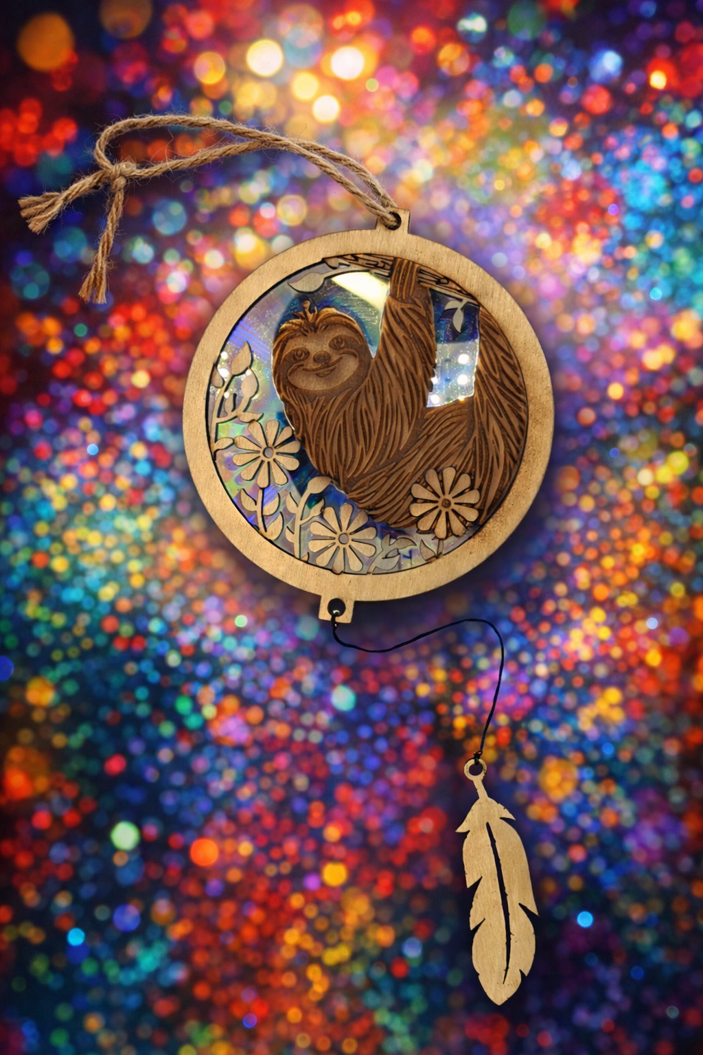 A wooden hanging ornament featuring a sloth with a smiling face, surrounded by flowers and leaves