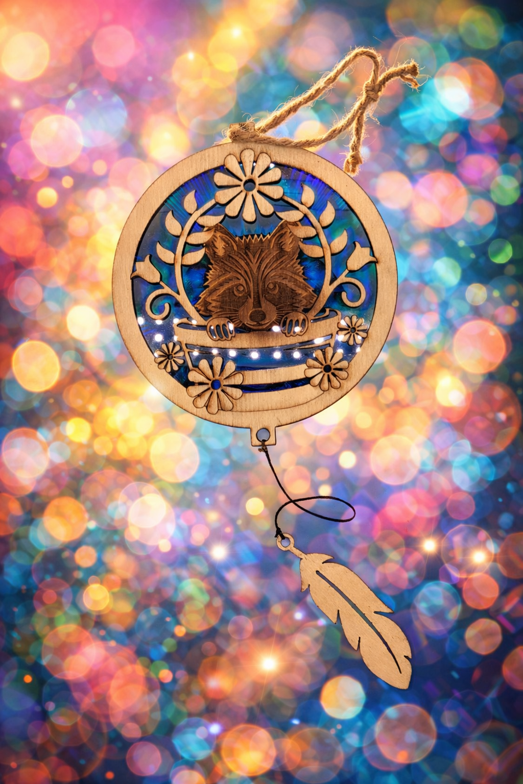 Wooden ornament featuring a racoon head surrounded by flowers and leaves