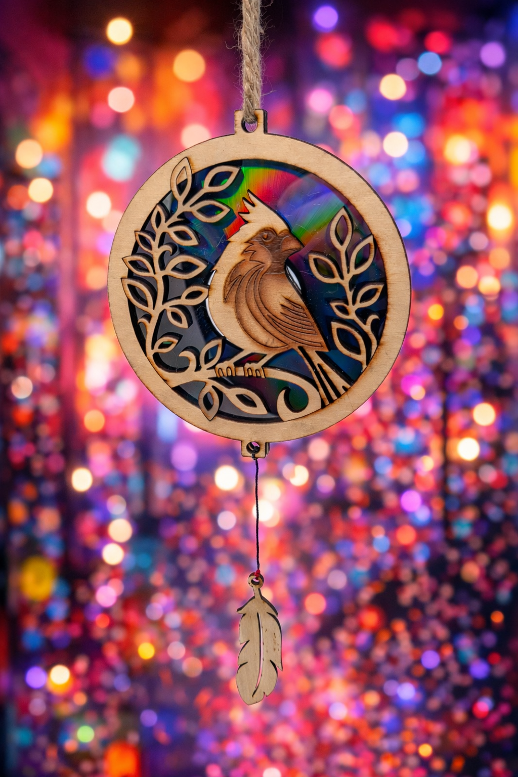 Wooden hanging ornament featuring a cardinal and decorative leaves