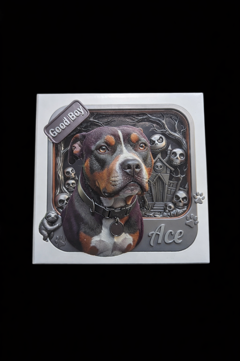 A collectible coaster featuring a detailed illustration of a black and brown dog with a collar, labeled 'Ace,' surrounded by skulls, a haunted house, and spooky trees, with a 'Good Boy' badge.