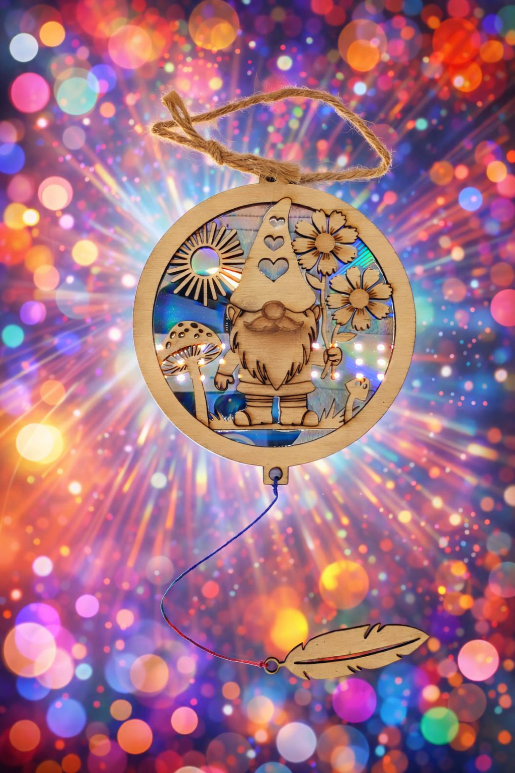 Decorative wooden ornament featuring a gnome holding a flower, with a mushroom, sun, and heart cutouts inside a circular frame