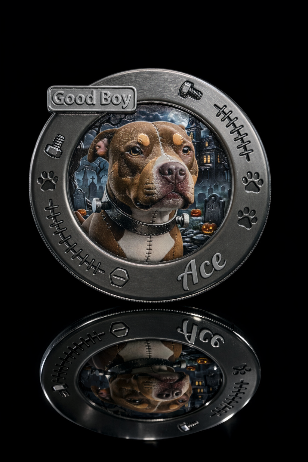 A dog dressed as a stitched-up Frankenstein monster, inside a metallic dog tag with the words 'Good Boy' and 'Ace', against a spooky Halloween background with pumpkins and tombstones.