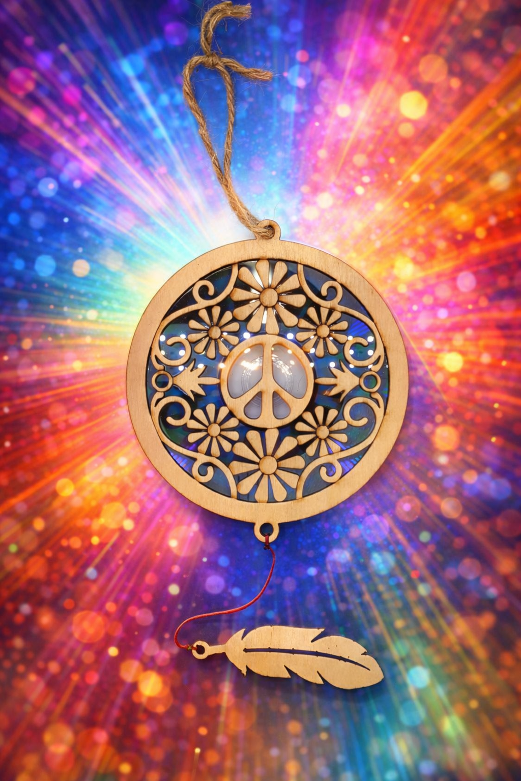 Wooden dreamcatcher with a peace sign and floral design