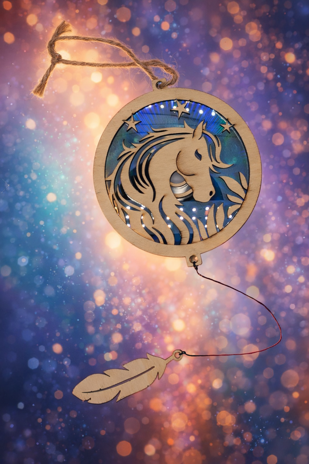 A wooden circular ornament featuring a carved horse head with flowing mane and stars