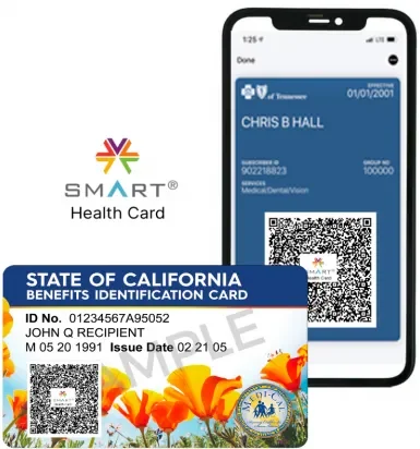 Mobile phone with digital insurance card and example state of California benefits ID card