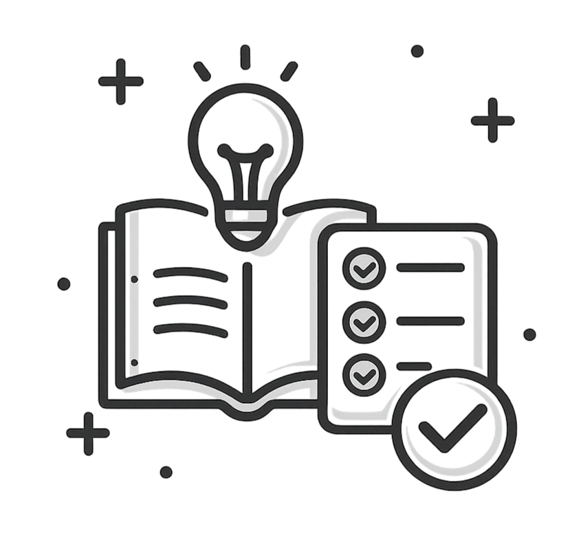 A digital illustration of an open book, a checklist on a smartphone, a light bulb above the book, and a large checkmark symbol, symbolizing ideas, learning, and organization.