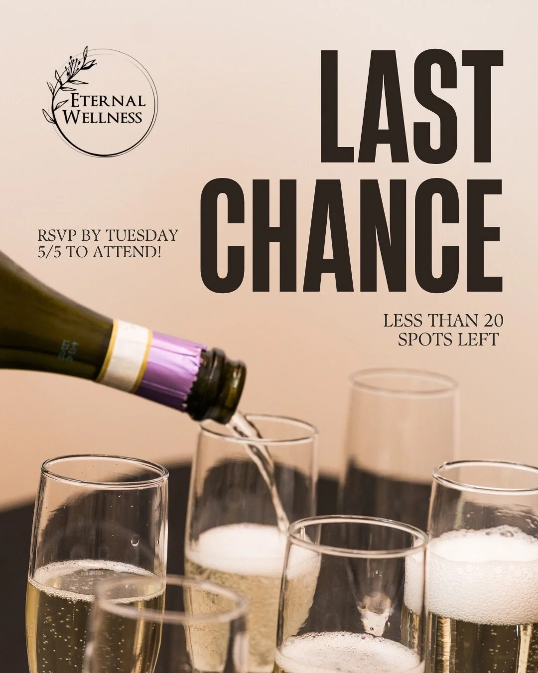 ✨ LAST CHANCE to secure your spot ✨

Join us on Thursday 5/7 from 6:00-8:00 RSVP only! 

Join us at Eternal Wellness for a night designed to relax, indulge and celebrate YOU 🥂

Enjoy:
&bull; Chair massages and Injections at a special low price
&bull
