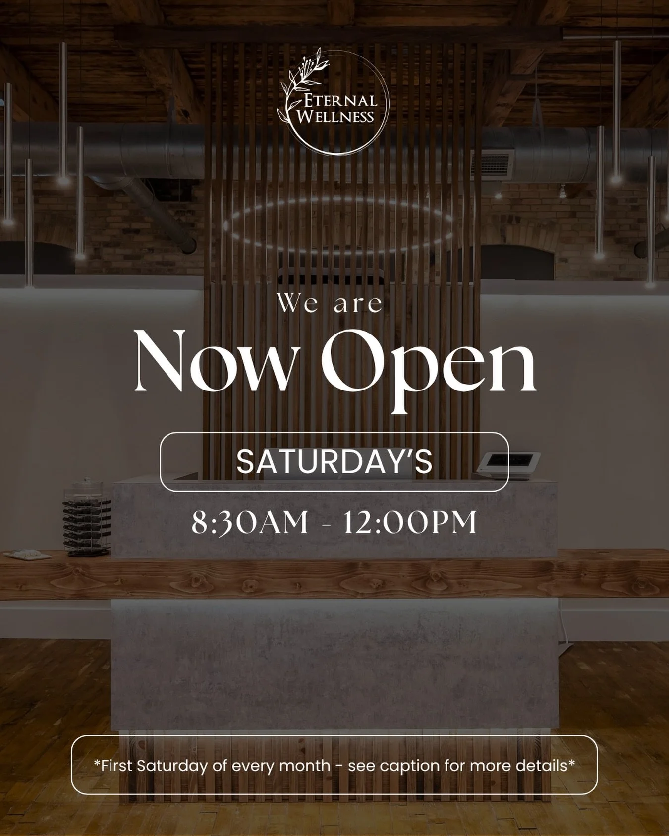 Your weekend just got a little more relaxing 🤍

Eternal Wellness is now open the FIRST Saturday of every month from 8:30 AM - 12:00 PM! A little extra time to make yourself a priority.

Staff is limited so be sure to secure those Saturday appointmen