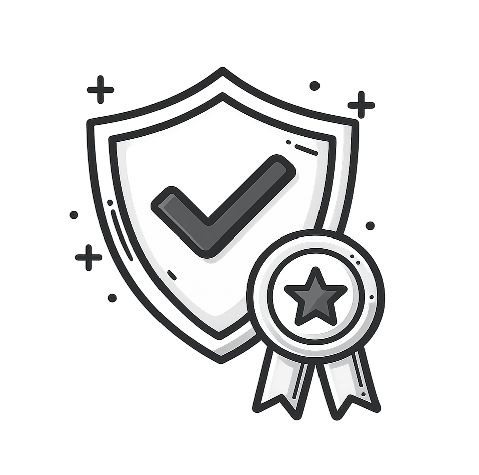 A shield with a checkmark, and a ribbon with a star, symbolizing security, protection, or achievement.