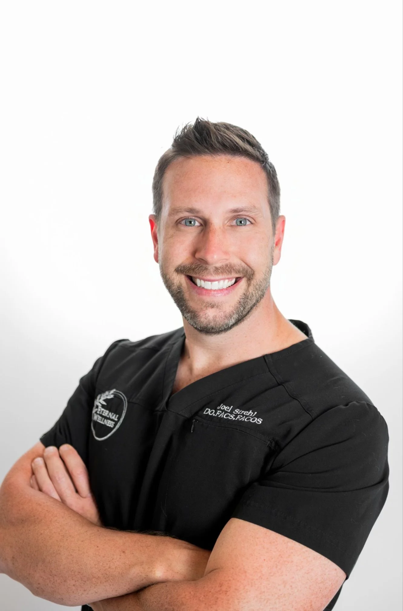 A man with short brown hair, blue eyes, and a beard, smiling with crossed arms, wearing a black shirt with embroidered text, against a white background.