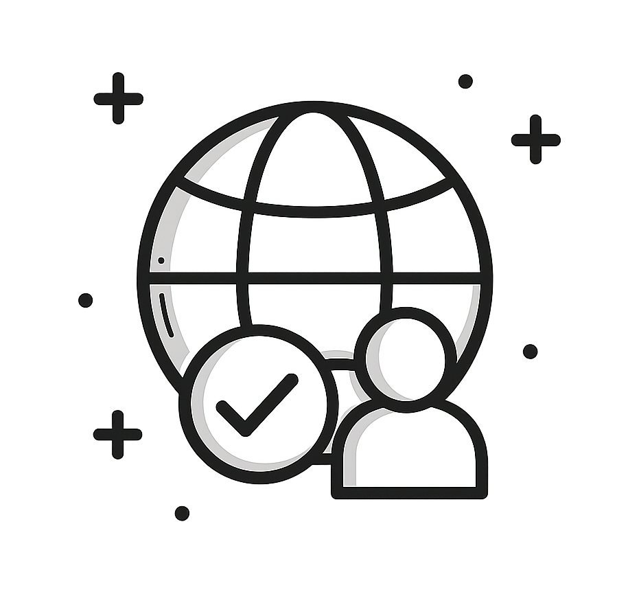 Illustration of a globe with a user icon and a checkmark, representing international user verification or secure global connectivity.