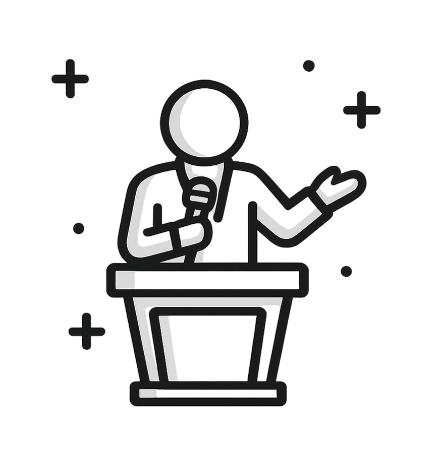 Minimalist black and white outline of a person standing at a podium, gesturing with one hand while holding a microphone in the other, with decorative stars and circles around.