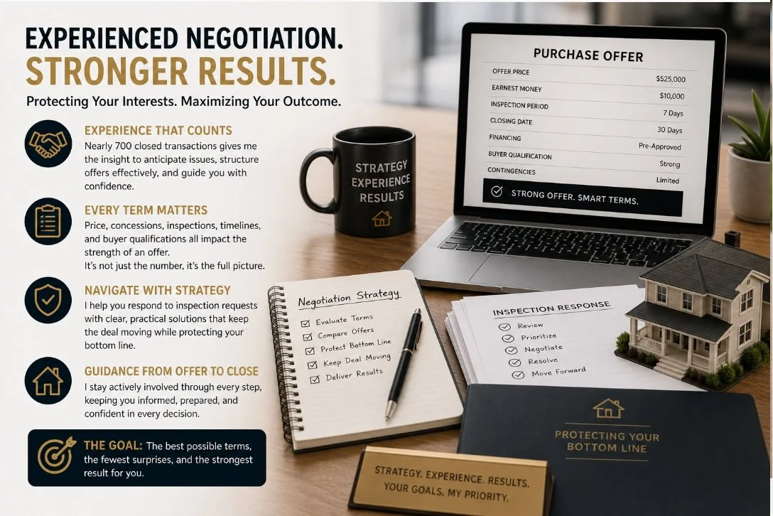 An infographic about real estate negotiation strategies. It features a laptop displaying a purchase offer, a notebook with negotiation steps, a mock house model, a black mug with words 'Strategy Experience Results,' and documents with inspection and response notes. The infographic highlights experience, strategy, and confidence in closing deals.
