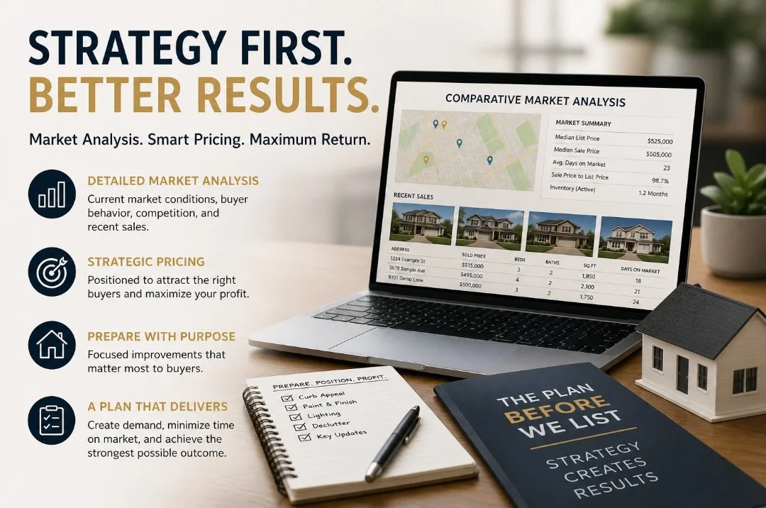 A real estate marketing strategy infographic showing a laptop with market analysis data, a notebook with checklists, a small house model, and a book titled "The Plan Before We List." The text emphasizes strategy, market analysis, pricing, and preparation for real estate sales.